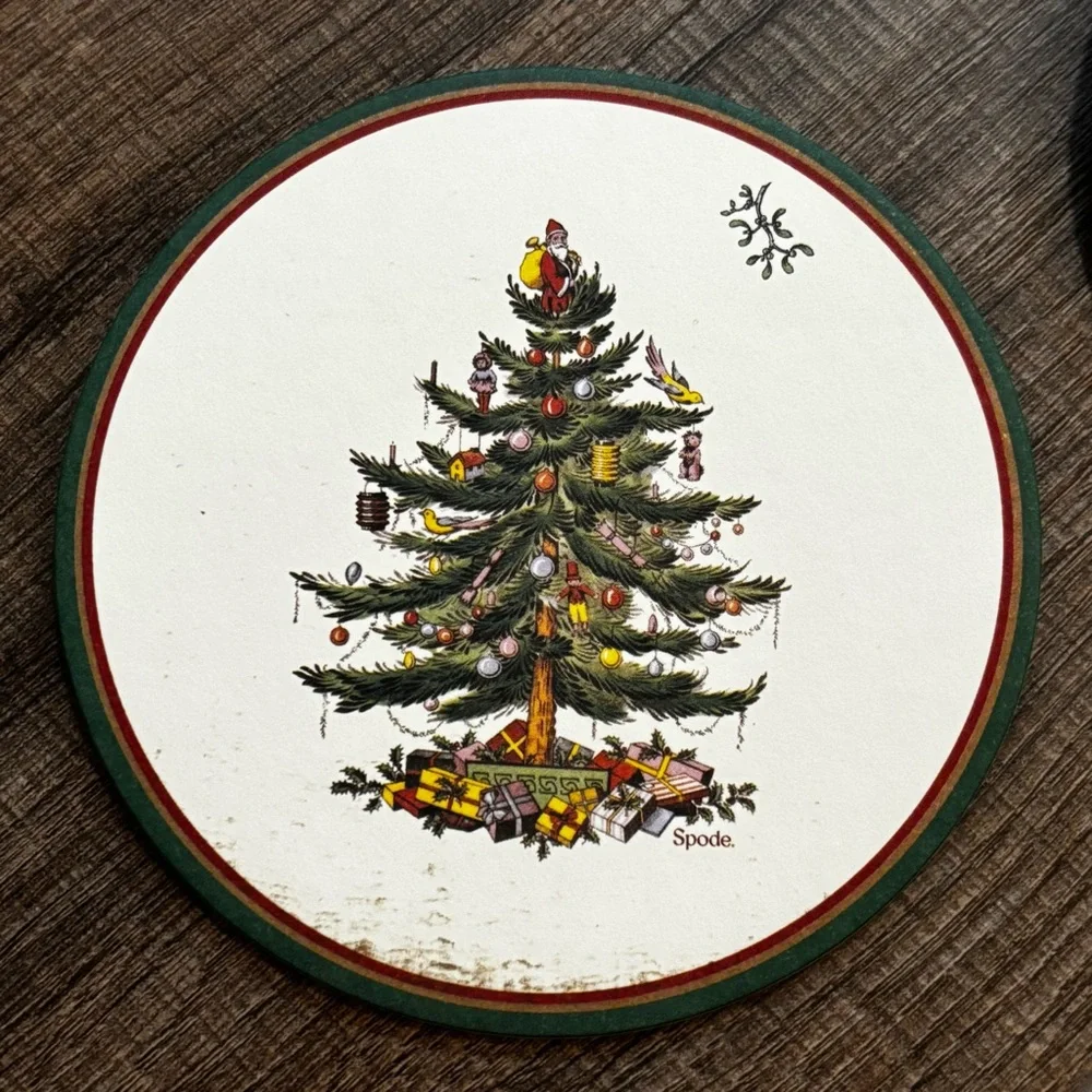Spode Festive Tree Paper Coasters with Red and Green Trim and Presents Approx 4”